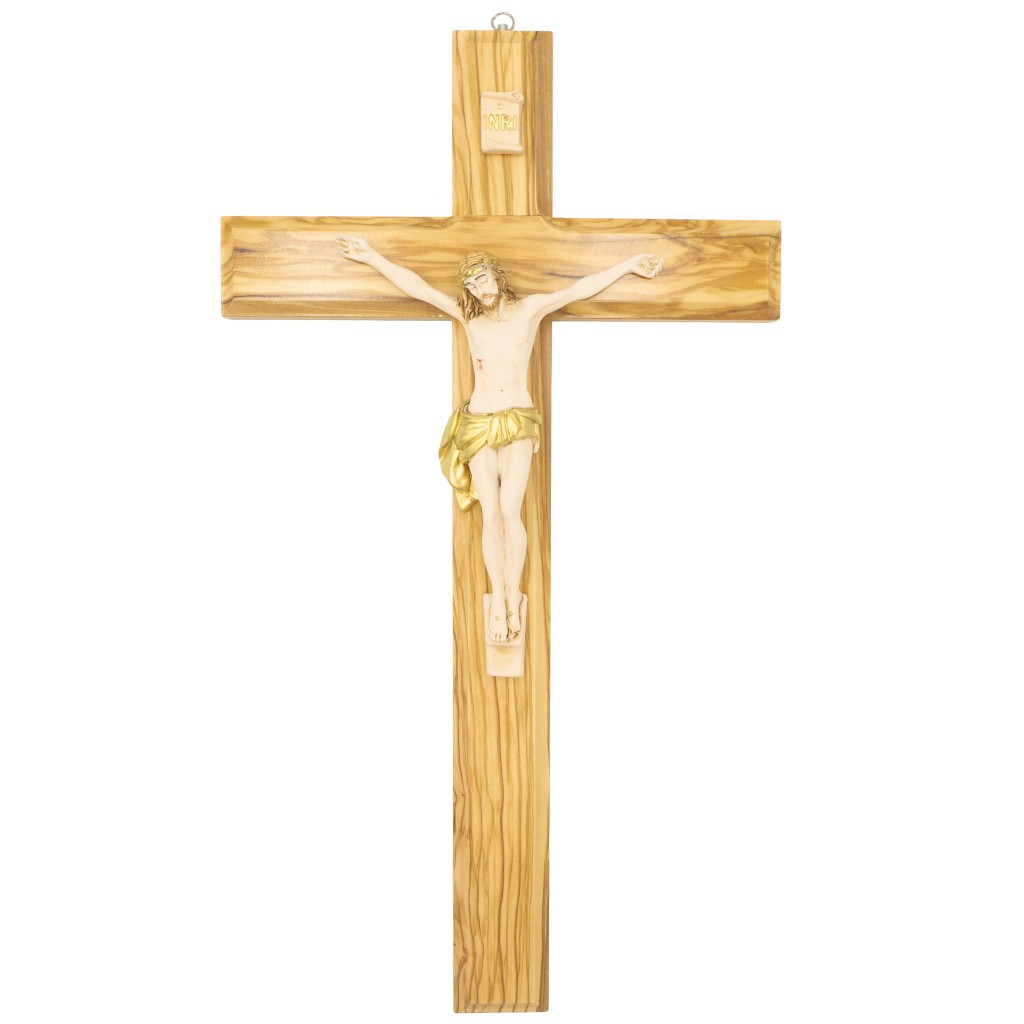 Crucifixo Madeira C/ Cristo Bege + Ouro 50cm