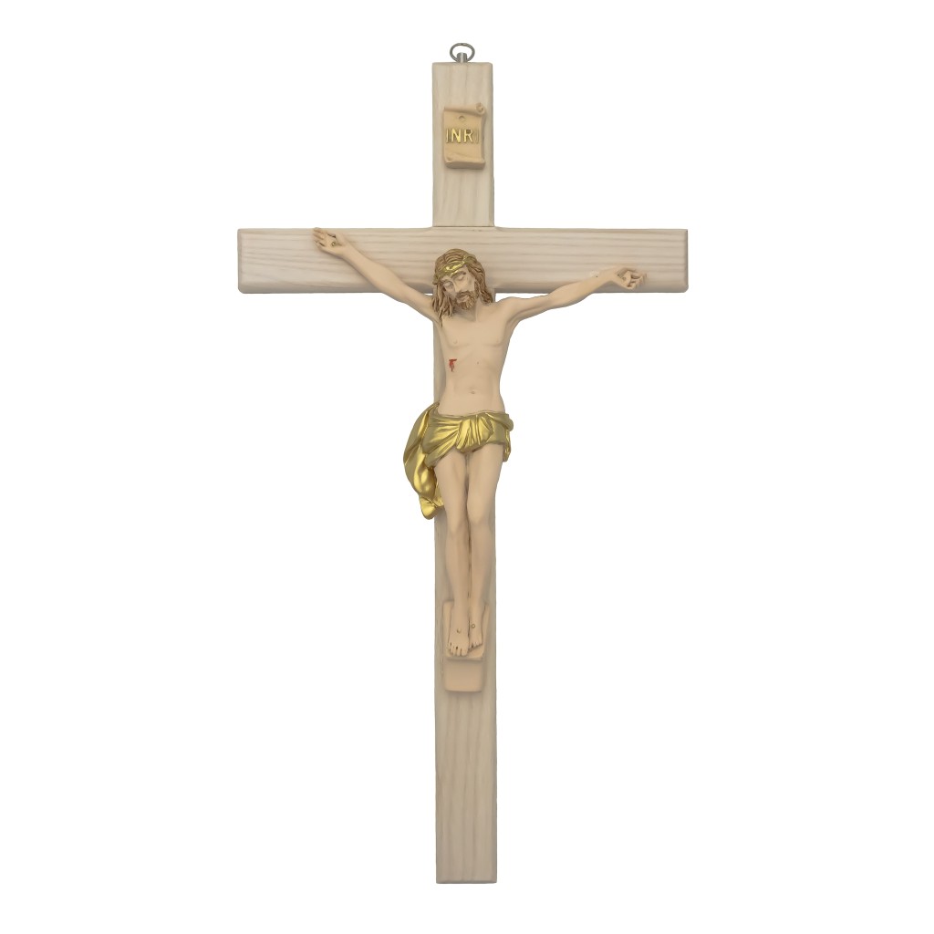 Crucifixo Madeira C/ Cristo Bege+Ouro 40x22cm